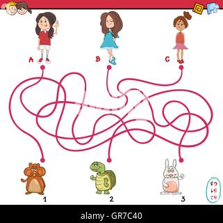 Cartoon illustrazione dei percorsi didattici o labirinto Puzzle attività con i bambini e le bambine Animali Domestici Illustrazione Vettoriale