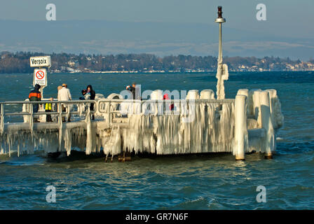 Ice-Covered molo nel Lago di Ginevra, Versoix vicino a Ginevra, il Cantone di Ginevra, Svizzera Foto Stock