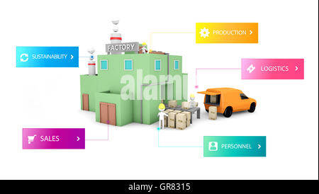 3D rendering di una bassa poli illustrazione di smart factory concept Foto Stock