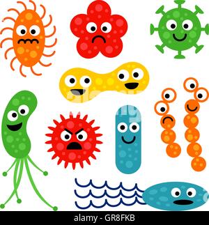 Set di carino divertente batteri isolati su sfondo bianco. Illustrazione Vettoriale