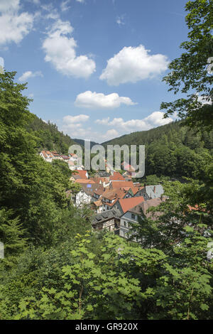 In Ziegenrück Saale Valley sotto il sole in estate, Turingia, Germania Foto Stock