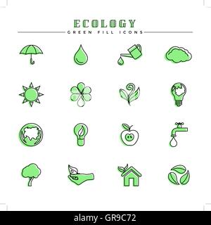 Ecologia riempimento verde set di icone Illustrazione Vettoriale