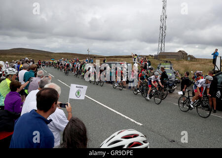 Concorrenti sul gatto e Fiddle Hill Climb appena fuori Macclesfield durante la fase tre del 2016 Tour della Gran Bretagna. Foto Stock