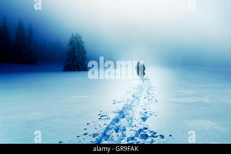Persone sole in inverno blizard. Bella montagna paesaggio innevato. Foto Stock