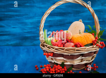 Autunnale di vita ancora con zucche, mele e rowanberry in un cesto su blu sullo sfondo di legno Foto Stock