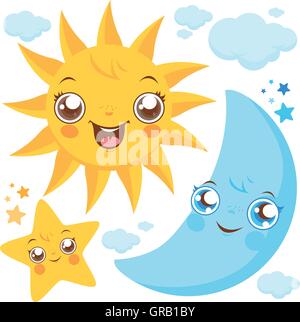 I personaggi del cartone animato sole, luna, stelle e nuvole. Carini simboli dei cartoni animati del cielo, luna, stella e sole. Illustrazione vettoriale Illustrazione Vettoriale