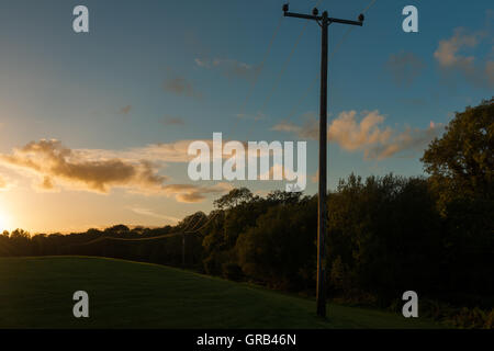 Legno linea alimentazione polo overhead e linee di alimentazione elettrica al tramonto Foto Stock
