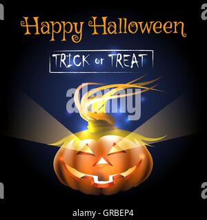 Happy halloween illustrazione di una zucca e testo scritto Dolcetto o scherzetto. Illustrazione Vettoriale. Illustrazione Vettoriale