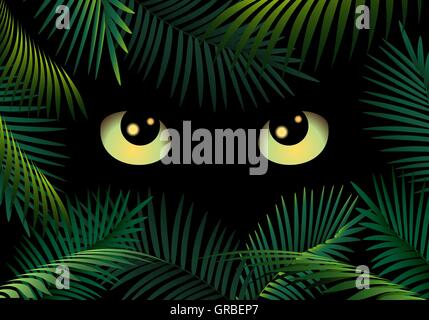 Il gatto selvatico occhi nella notte oscura foresta. Illustrazione Vettoriale Illustrazione Vettoriale