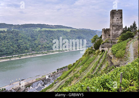 Il castello di Gutenfels, noto anche come Castello Caub, sopra la città Kaub, Valle del Reno superiore e centrale, Germania Foto Stock