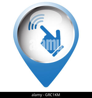 Mappa pin simbolo con il Touch Screen e la relativa icona. Simbolo blu su sfondo bianco. Foto Stock