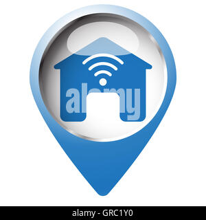 Mappa pin simbolo con Smart icona Home. Simbolo blu su sfondo bianco. Foto Stock
