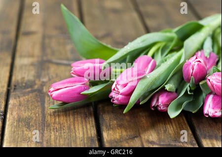 Tulipani viola sul vecchio tavolo in legno Foto Stock