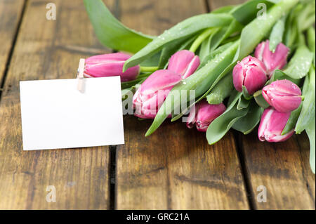 Tulipani viola sul vecchio tavolo in legno Foto Stock