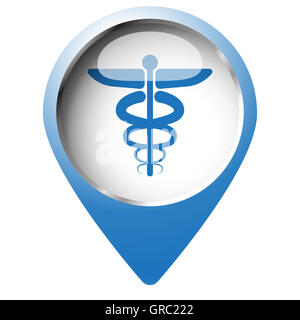 Mappa pin simbolo medico con icona di simbolo. Simbolo blu su sfondo bianco. Foto Stock
