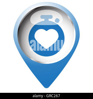 Mappa pin simbolo con monitor per la frequenza cardiaca e la relativa icona. Simbolo blu su sfondo bianco. Foto Stock