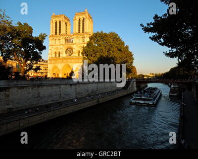 Notre Dame de Paris fronte ovest di sera Sun Foto Stock