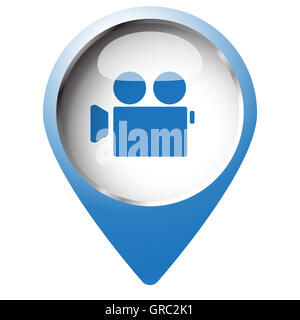 Mappa pin simbolo con icona Videocamera. Simbolo blu su sfondo bianco. Foto Stock