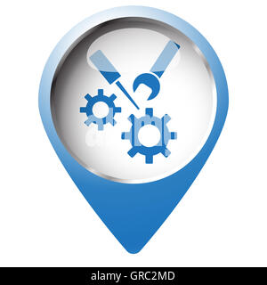 Mappa pin simbolo con icona di servizio. Simbolo blu su sfondo bianco. Foto Stock