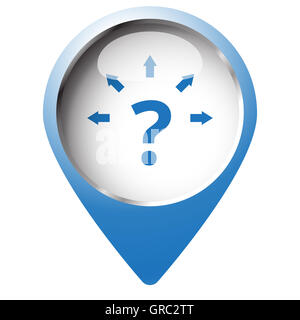 Mappa pin simbolo con il punto interrogativo Frecce icona. Simbolo blu su sfondo bianco. Foto Stock