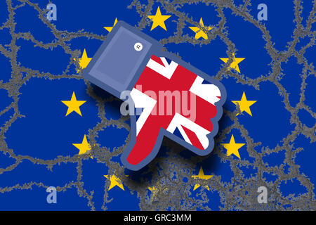 Erodendo la bandiera dell'UE con il Regno Unito Union Jack e Facebook Icona antipatia Foto Stock