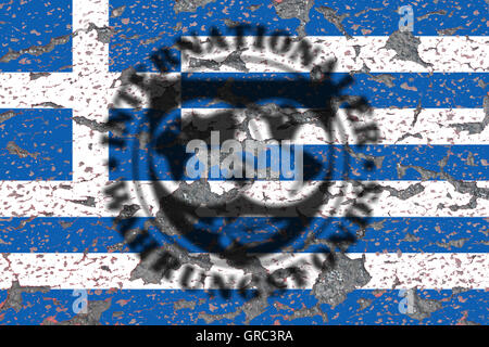 Segno Iwf FMI Fondo monetario internazionale ed erodendo la bandiera greca Foto Stock