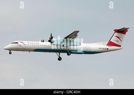 Atr-72 di Austrian Airlines con registrazione Oe-Lga avvicinando l'aeroporto di Francoforte Foto Stock