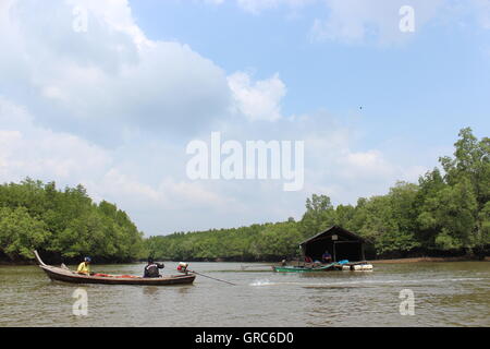 Rafting sul fiume/escursioni in canoa lungo il fiume in Khao Sok National Park riserva naturale in Phuket, Tailandia Foto Stock