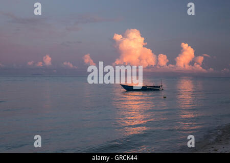 Indonesiano canoa outrigger Sul Mare nella dolce luce della sera, Rosy Cumulus nubi in background Foto Stock