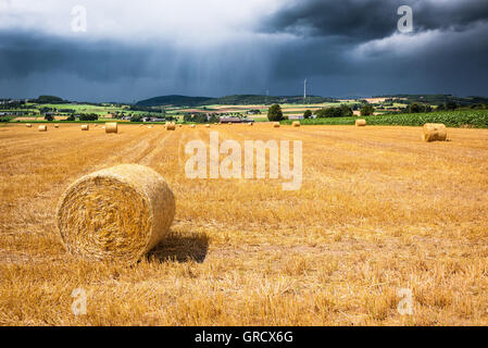 Rotoballa su stoppia al sole di fronte ad una tempesta davanti Foto Stock