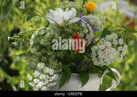 Mazzo di fiori che crescono in un prato, in una teiera Foto Stock