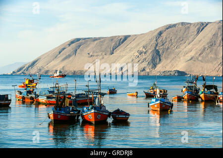 Iquique, Cile - 17 Marzo 2011: di legno colorate barche da pesca nel porto sono a riposo dopo la tempesta Foto Stock