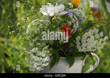 Mazzo di fiori che crescono in un prato, in una teiera Foto Stock