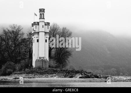 Torre di topi vicino a Bingen in corrispondenza di una piccola isola del fiume Reno, dal XIII secolo, con la bassa marea nel novembre 2011 Foto Stock