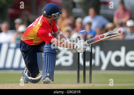 James Foster di Essex è colpiti da David Payne - Essex Eagles vs Gloucestershire Gladiatori - Banca di Clydesdale CB40 Cricket al parco del castello, Colchester - 21/08/11 Foto Stock