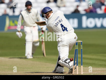 Jimmy Adams di Hampshire è colpiti da David Masters - Essex CCC vs Hamsphire CCC - LV County Cricket campionato presso la Ford County Ground, Chelmsford - 11/04/10 Foto Stock