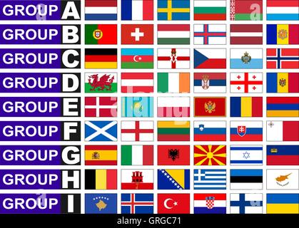 Le bandiere della Comunità gruppo di qualificazione della Coppa del Mondo di calcio in Russia. Illustrazione Vettoriale