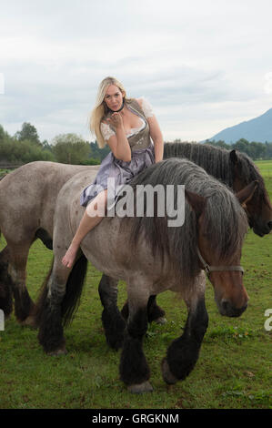 Sindeldorf, Germania. Il 29 agosto, 2016. Attenzione periodo di bloccaggio: 8 settembre 2016, 12 AM/dpa esclusivo: La Wiesn playmate Kathie Kern in posa con la fabbrica di birra cavalli a Urthalerhof in sindeldorf, Germania, 29 agosto 2016. Il Wiesnplaymate 2016 da un piccolo villaggio di montagna ha visitato il "horse power' che tira la birra pesanti carri presso la più grande fiera del divertimento nel mondo, l'Oktoberfest. Foto: FELIX HOERHAGER/dpa/Alamy Live News Foto Stock