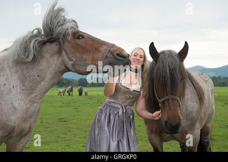 Sindeldorf, Germania. Il 29 agosto, 2016. Attenzione periodo di bloccaggio: 8 settembre 2016, 12 AM/dpa esclusivo: La Wiesn playmate Kathie Kern in posa con la fabbrica di birra cavalli a Urthalerhof in sindeldorf, Germania, 29 agosto 2016. Il Wiesnplaymate 2016 da un piccolo villaggio di montagna ha visitato il "horse power' che tira la birra pesanti carri presso la più grande fiera del divertimento nel mondo, l'Oktoberfest. Foto: FELIX HOERHAGER/dpa/Alamy Live News Foto Stock