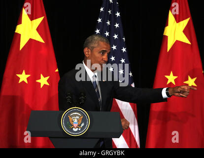 Hangzhou, Zhejiang, Cina. 5 Sep, 2016. Stati Uniti Il presidente Barack Obama tiene una conferenza stampa con i media stranieri alla chiusura del Vertice G20 di Hangzhou, la capitale della provincia di Zhejiang, il 5 settembre 2016. © Stephen rasoio/ZUMA filo/Alamy Live News Foto Stock