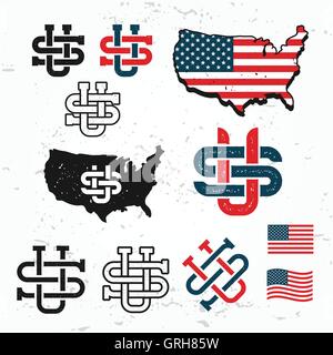 Made in USA il vettore del monogramma di set. America Vintage logo design. Retrò Stati Uniti guarnizione. Noi etichetta illustrazione. Mappa grafica su grunge background. Illustrazione Vettoriale