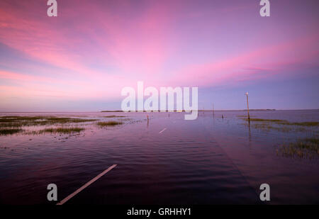 Tramonto sul tidal causeway a Isola Santa, Northumberland England Regno Unito Foto Stock