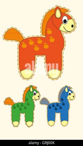 Set di Cartoon carino cavallo in design piatto per biglietto di auguri, invito e il logo con la tessitura del tessuto. Vettore Illustrazione Vettoriale