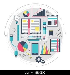 Icone di search engine optimization service SEO, analisi dei dati e il processo di parola chiave. Moderno concetto di sito web o infographics. Illustrazione Vettoriale
