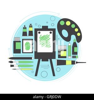 Set creativo per artista. Idee, creatività e design. Attrezzi e materiali vernice, spazzole, marcatori , matita, cavalletto, tavolozza. Linea a Illustrazione Vettoriale
