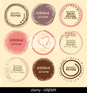Set di disegnati a mano scribble cerchi e cornici decorative per il vostro design. Vettore Illustrazione Vettoriale