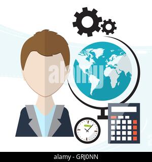 Flusso di lavoro di pianificazione. Contro lo sfondo di articoli per ufficio come orologi, penne, agenda, calendario. Vettore Illustrazione Vettoriale