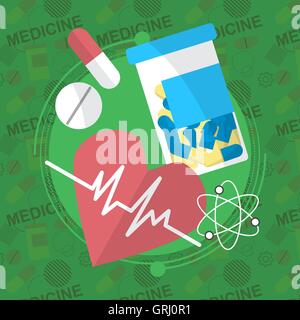 Medicina piatto set di icone. Scatola di pillole, compresse, pillole, blister, vitamine, liquido. Vettore Illustrazione Vettoriale