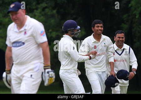 Wanstead giocatori festeggiare il paletto di P Murray durante Hornchurch CC vs Wanstead e Snaresbrook CC, Pastore Neame Essex League Cricket a Harrow Lodge Park il 18 giugno 2016 Foto Stock