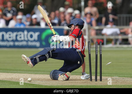 James Foster di Essex è colpiti da Logan van Beek - Essex Eagles vs Paesi Bassi - Clydesdale Bank 40 Cricket al parco del castello, Colchester - 19/08/12 Foto Stock